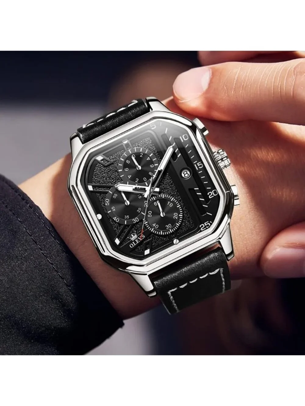Men's Black Quartz Leather Strap Waterproof Casual Square Dial Wrist Watch